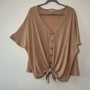 entro Tan Button-Down Blouse with Tie Hem